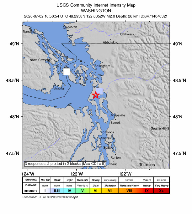 USGS DYFI community-reported intensity map for the M2.0 earthquake near 2 km E of Oak Harbor, Washington