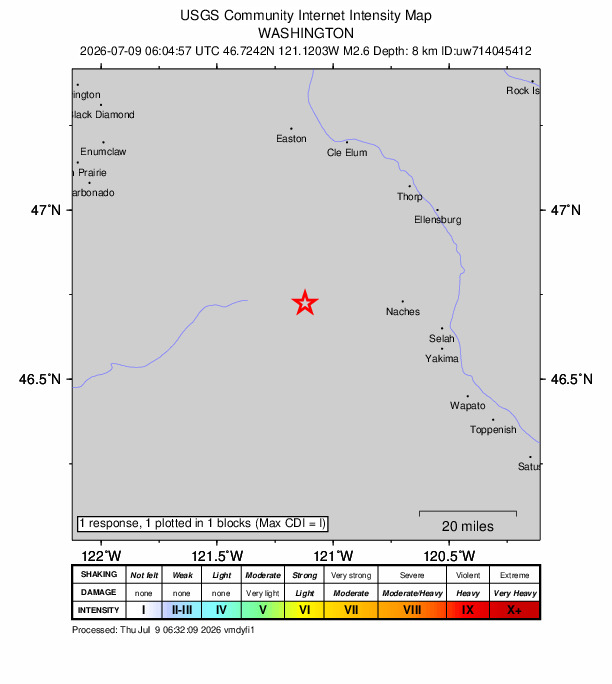 USGS DYFI community-reported intensity map for the M2.6 earthquake near 17 km SW of Nile, Washington