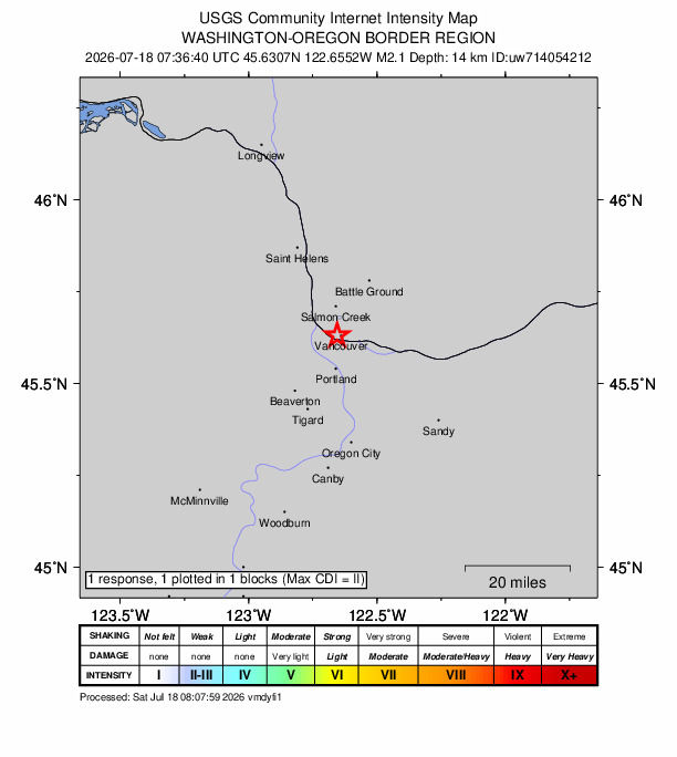 USGS DYFI community-reported intensity map for the M2.1 earthquake near 1 km SSE of Vancouver, Washington