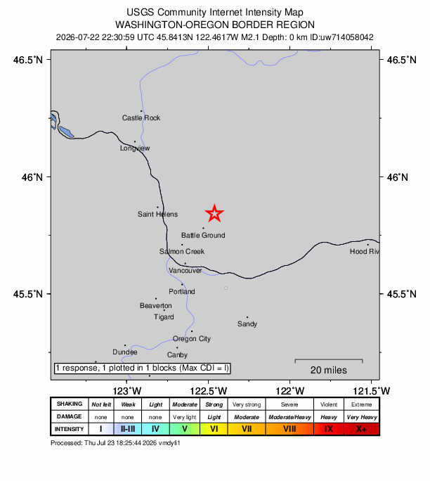 USGS DYFI community-reported intensity map for the M2.1 earthquake near 5 km WSW of Yacolt, Washington