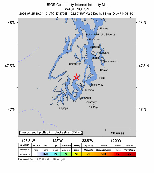 USGS DYFI community-reported intensity map for the M2.2 earthquake near 2 km WSW of Wauna, Washington