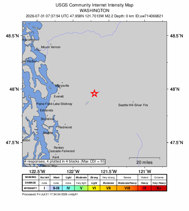 USGS DYFI community-reported intensity map for the M2.2 earthquake near 10 km NNE of Startup, Washington