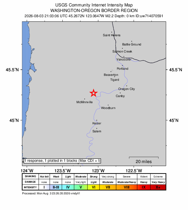 USGS DYFI community-reported intensity map for the M2.2 earthquake near 4 km WSW of Dundee, Oregon
