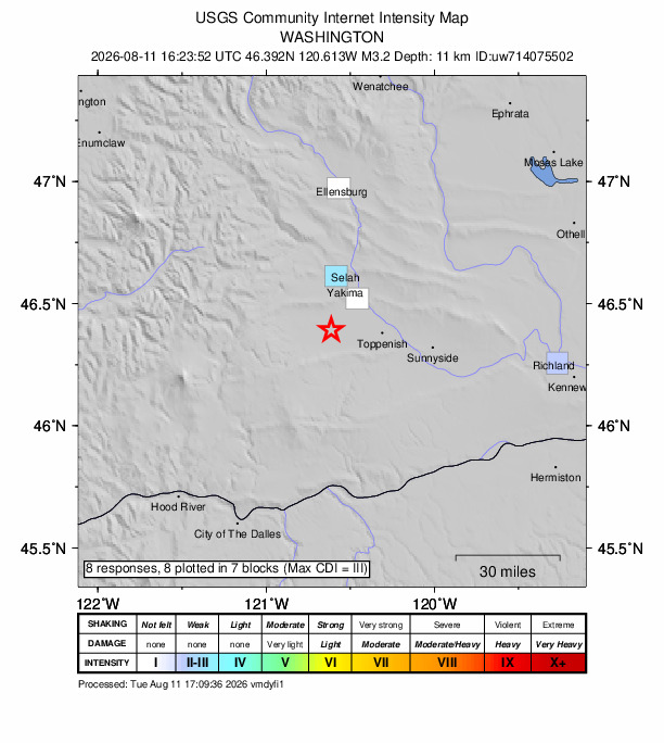 USGS DYFI community-reported intensity map for the M3.3 earthquake near 5 km WSW of Harrah, Washington