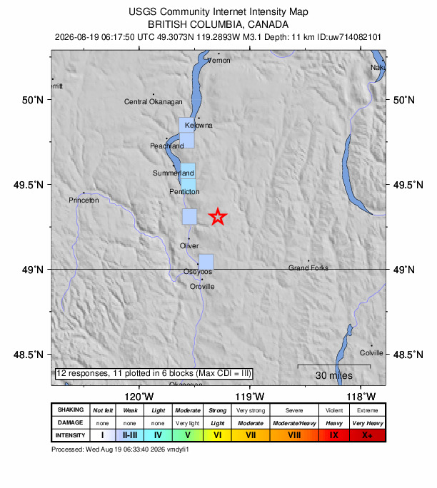 USGS DYFI community-reported intensity map for the M3.1 earthquake near 20 km ESE of Okanagan Falls, Canada