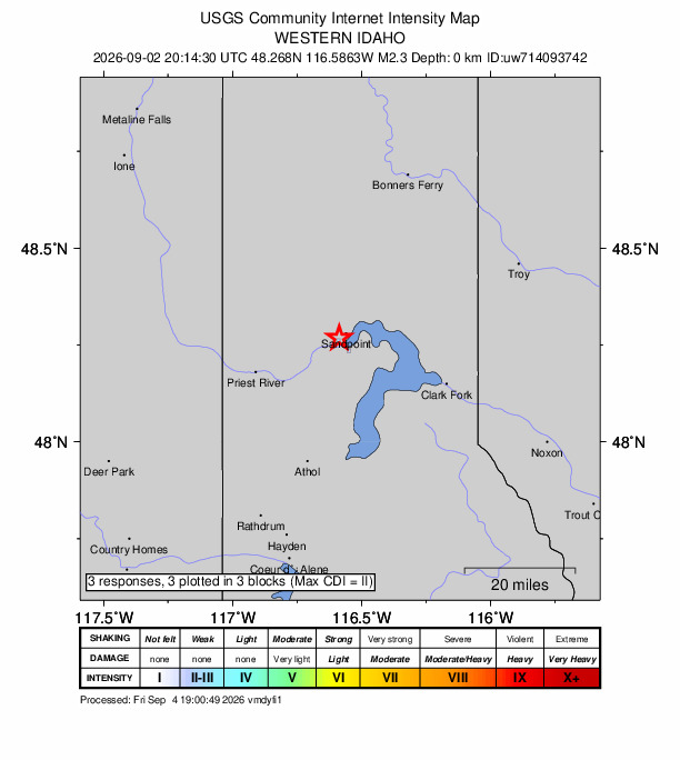 USGS DYFI community-reported intensity map for the M2.3 earthquake near 2 km NE of Dover, Idaho