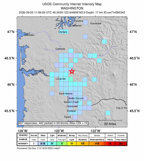 USGS DYFI community-reported intensity map for the M3.9 earthquake near 20 km E of Castle Rock, Washington