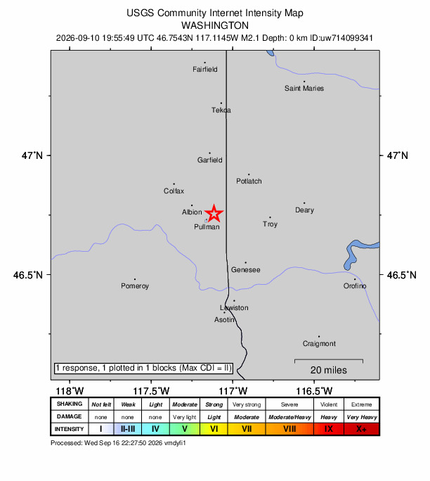 USGS DYFI community-reported intensity map for the M2.1 earthquake near 5 km ENE of Pullman, Washington