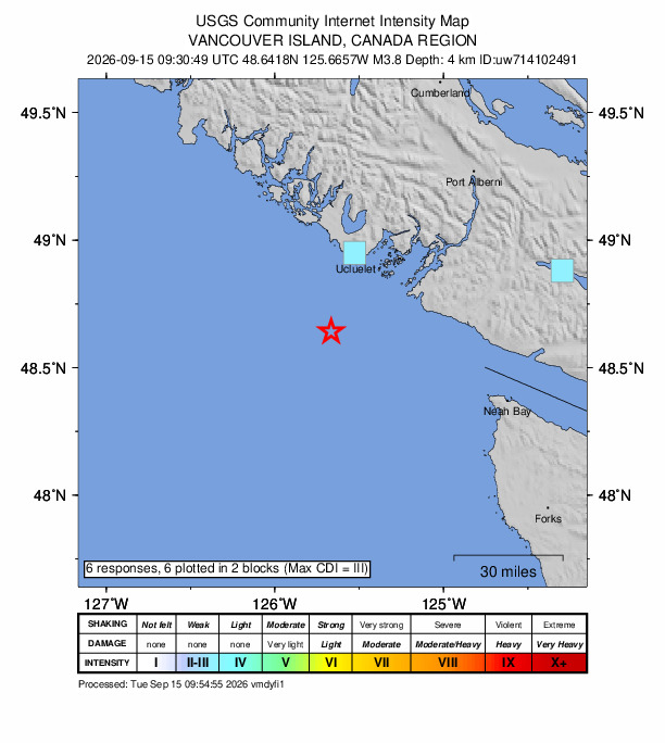 USGS DYFI community-reported intensity map for the M3.8 earthquake near 34 km SSW of Ucluelet, Canada