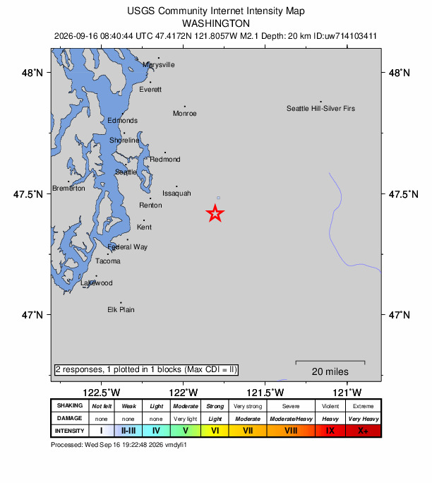 USGS DYFI community-reported intensity map for the M2.1 earthquake near 4 km SW of Wilderness Rim, Washington