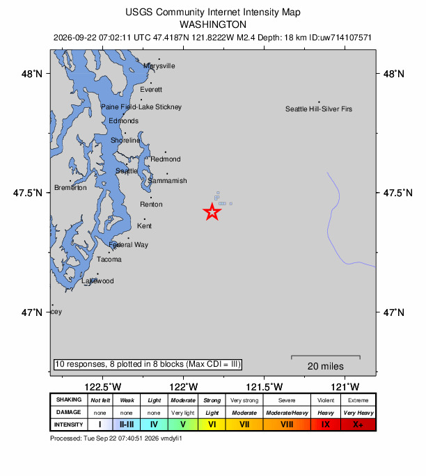 USGS DYFI community-reported intensity map for the M2.4 earthquake near 5 km SW of Wilderness Rim, Washington