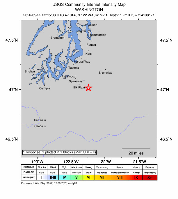 USGS DYFI community-reported intensity map for the M2.1 earthquake near 3 km NNW of Kapowsin, Washington