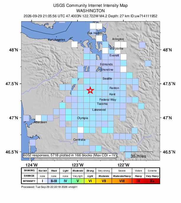 USGS DYFI community-reported intensity map for the M4.2 earthquake near 6 km WNW of Wauna, Washington