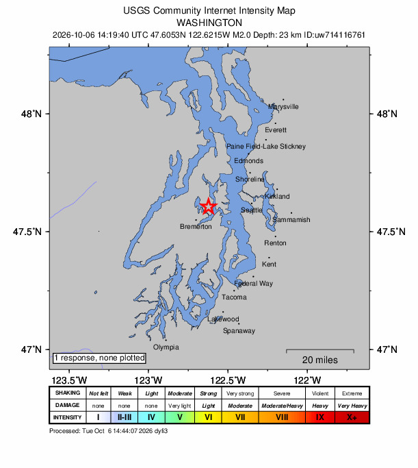 USGS DYFI community-reported intensity map for the M2.0 earthquake near 2 km E of Tracyton, Washington