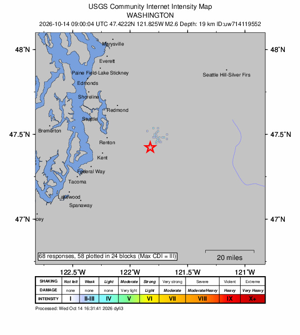 USGS DYFI community-reported intensity map for the M2.6 earthquake near 5 km WSW of Wilderness Rim, Washington