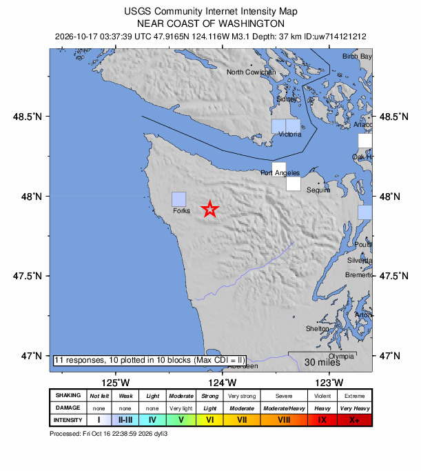 USGS DYFI community-reported intensity map for the M3.1 earthquake near 20 km E of Forks, Washington