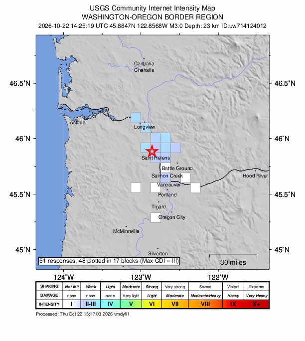 USGS DYFI community-reported intensity map for the M3.0 earthquake near 3 km W of Columbia City, Oregon