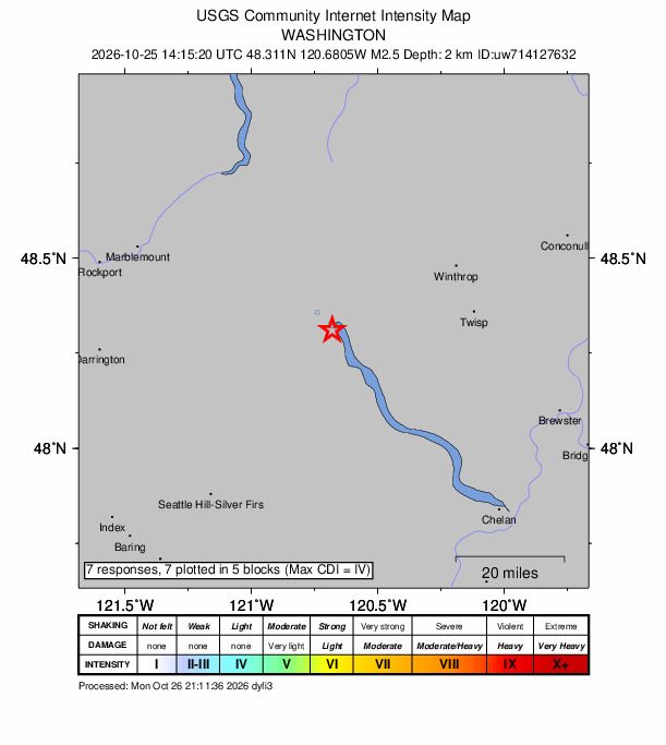 USGS DYFI community-reported intensity map for the M2.5 earthquake near 41 km WSW of Winthrop, Washington