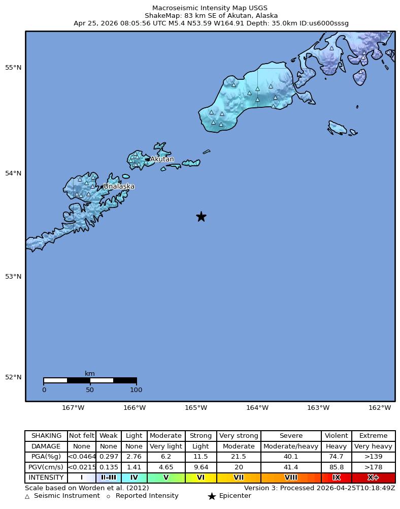 USGS ShakeMap intensity contours for the M5.4 earthquake near 83 km SE of Akutan, Alaska