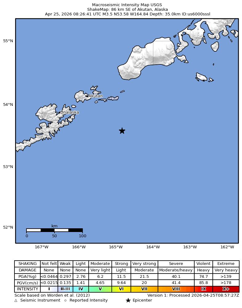 USGS ShakeMap intensity contours for the M3.5 earthquake near 86 km SE of Akutan, Alaska