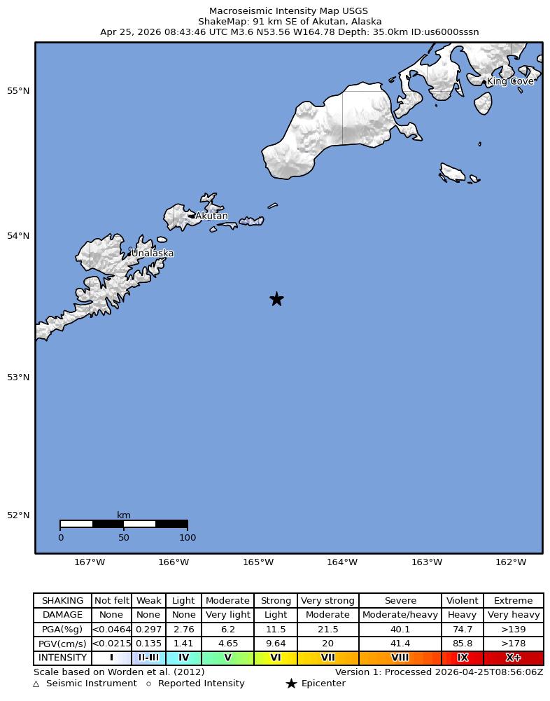 USGS ShakeMap intensity contours for the M3.6 earthquake near 91 km SE of Akutan, Alaska