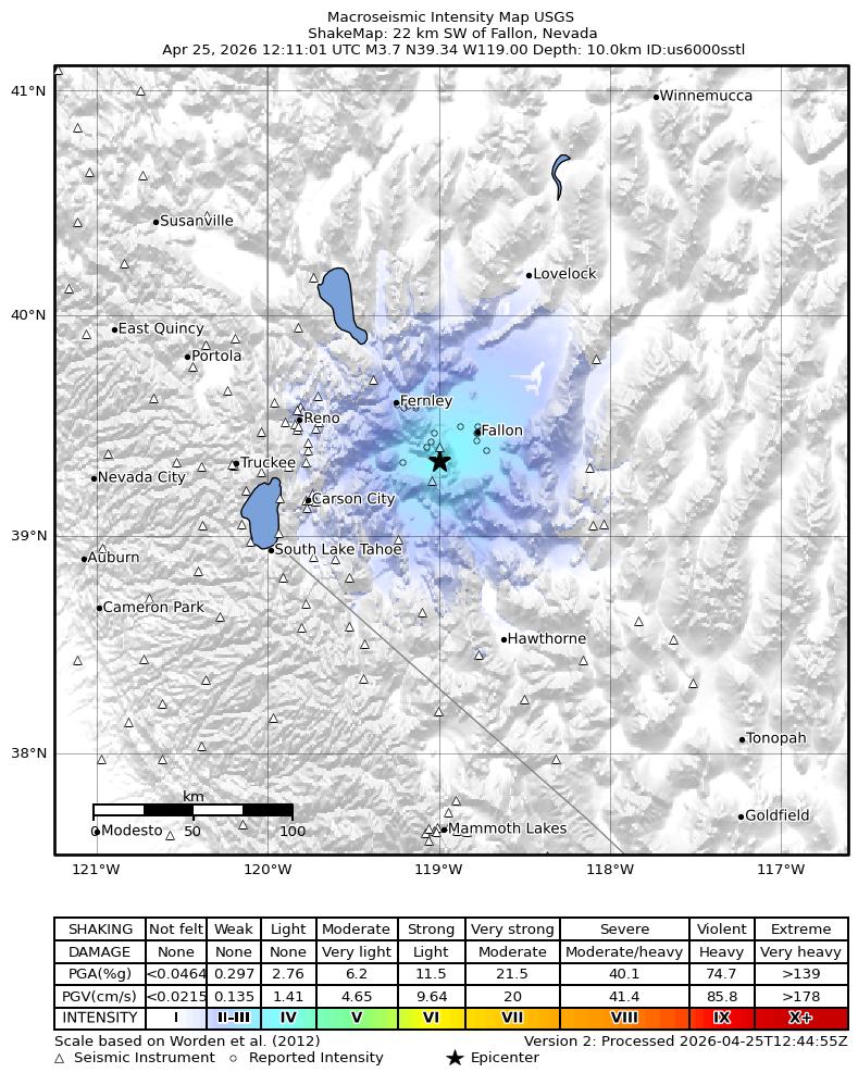 USGS ShakeMap intensity contours for the M3.8 earthquake near 22 km SW of Fallon, Nevada