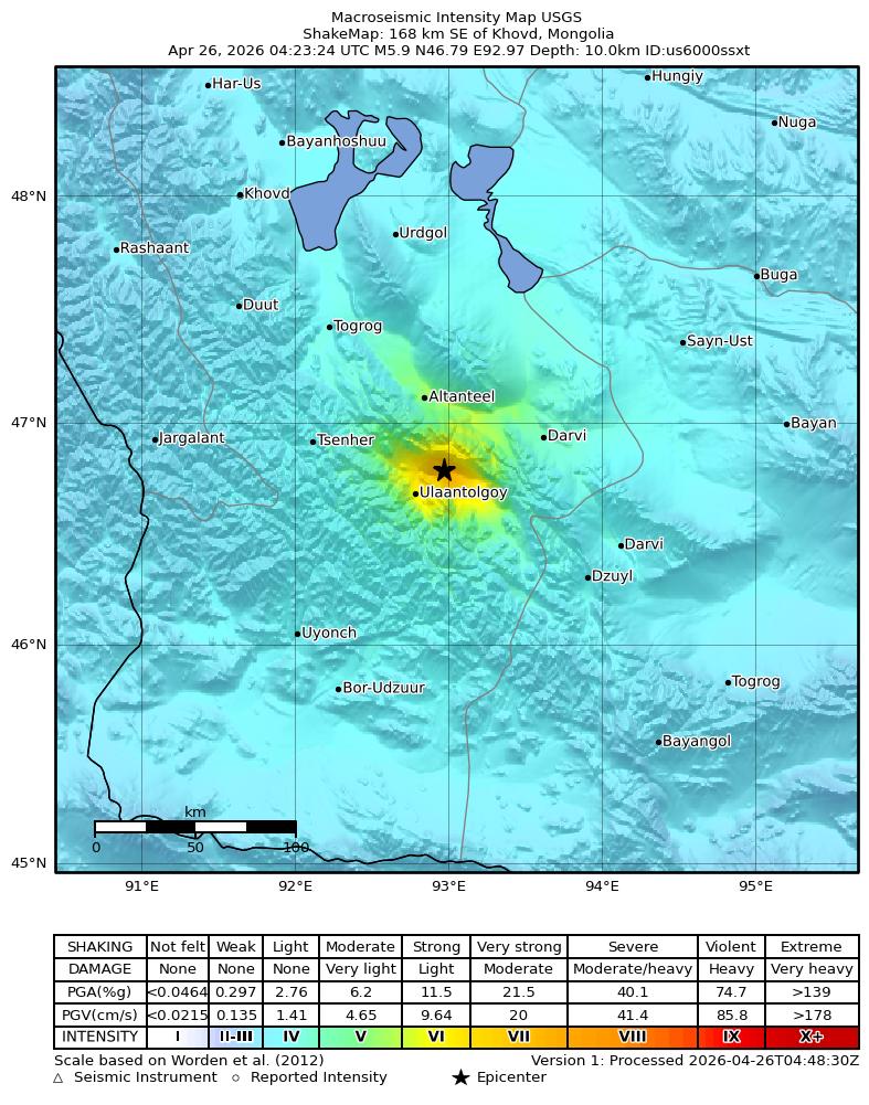 USGS ShakeMap intensity contours for the M5.9 earthquake near 168 km SE of Khovd, Mongolia