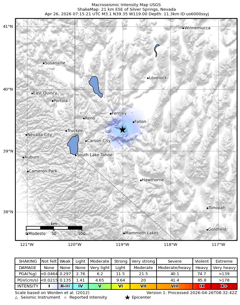 USGS ShakeMap intensity contours for the M3.3 earthquake near 21 km ESE of Silver Springs, Nevada
