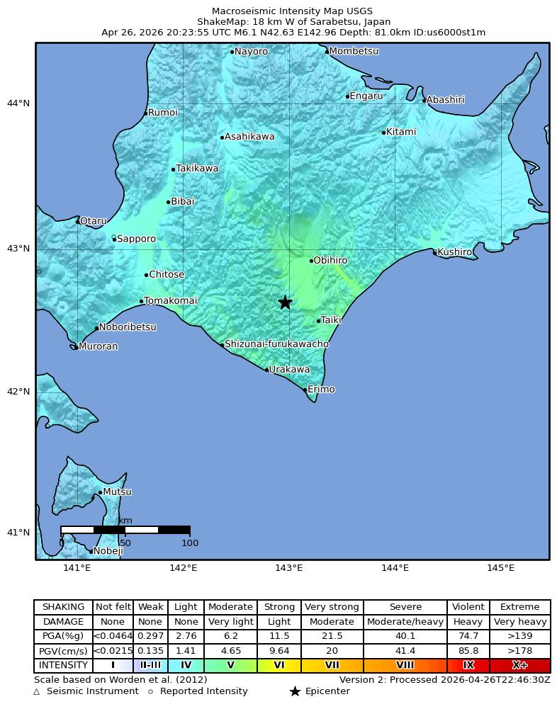USGS ShakeMap intensity contours for the M6.1 earthquake near 18 km W of Sarabetsu, Japan