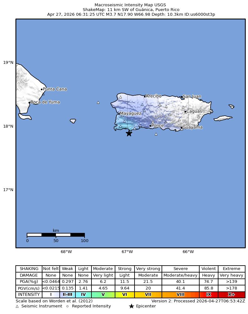 USGS ShakeMap intensity contours for the M3.7 earthquake near 7 km SE of La Parguera, Puerto Rico