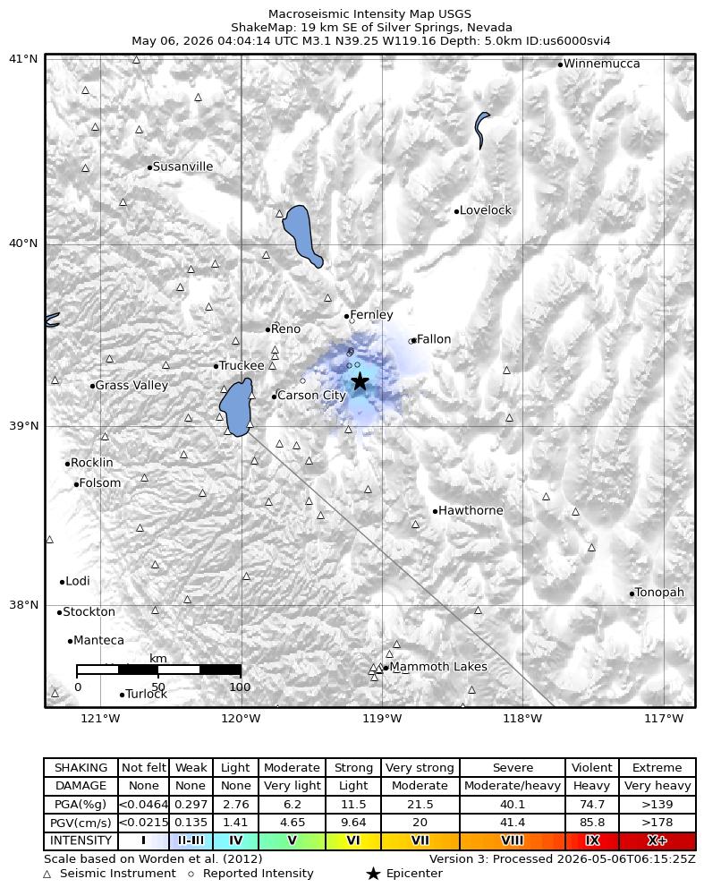 USGS ShakeMap intensity contours for the M3.2 earthquake near 19 km SE of Silver Springs, Nevada