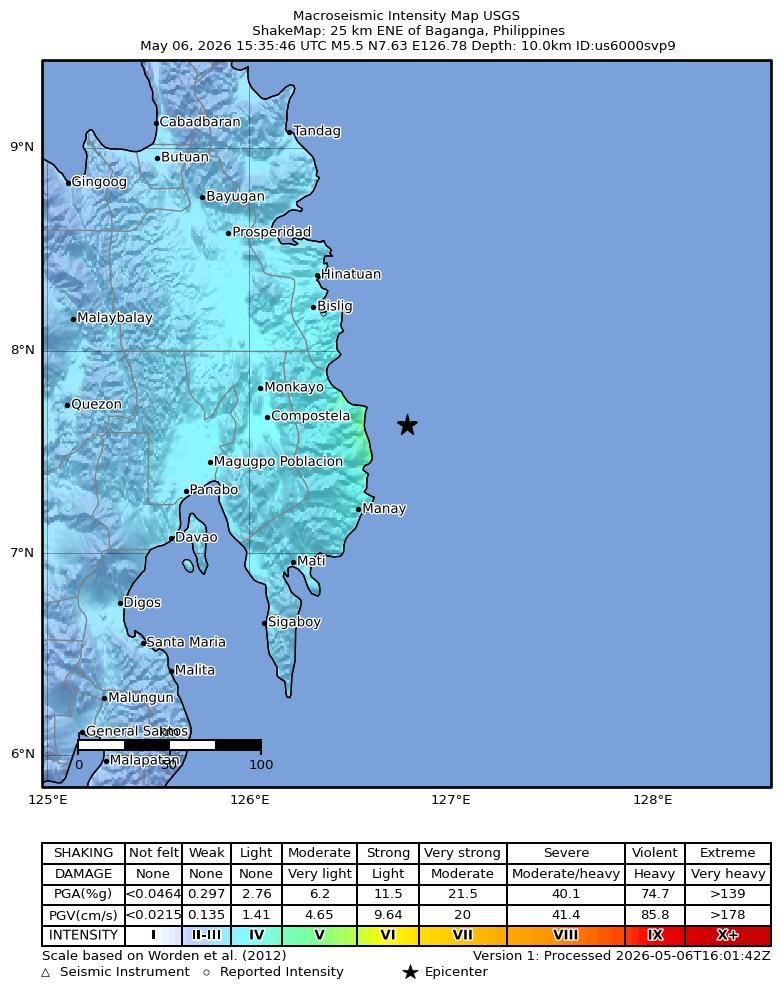 USGS ShakeMap intensity contours for the M5.5 earthquake near 25 km ENE of Baganga, Philippines