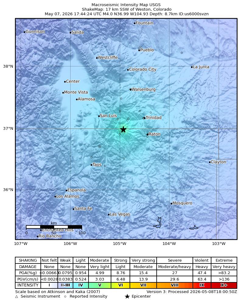 USGS ShakeMap intensity contours for the M4.0 earthquake near 17 km SSW of Weston, Colorado