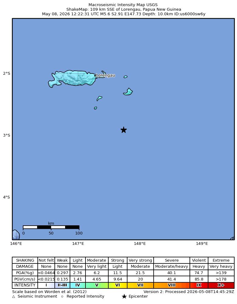 USGS ShakeMap intensity contours for the M5.6 earthquake near 109 km SSE of Lorengau, Papua New Guinea