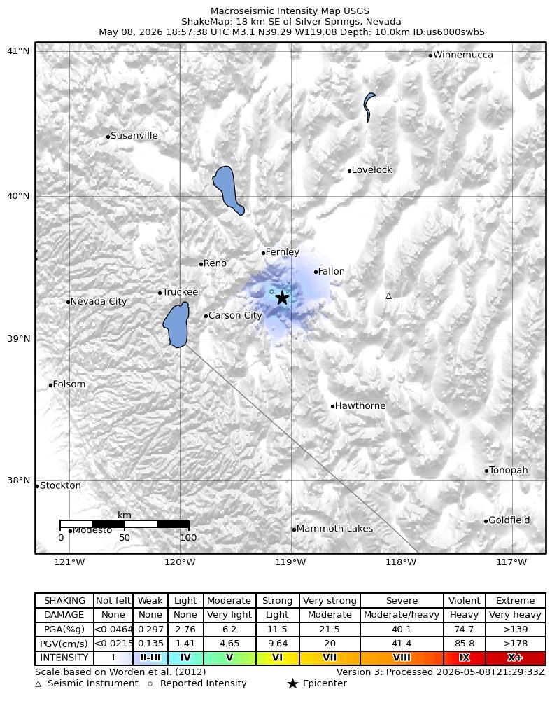 USGS ShakeMap intensity contours for the M3.1 earthquake near 18 km SE of Silver Springs, Nevada