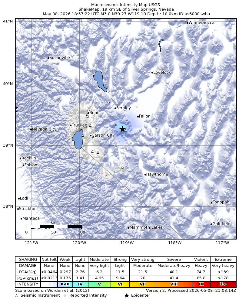 USGS ShakeMap intensity contours for the M2.8 earthquake near 19 km SE of Silver Springs, Nevada