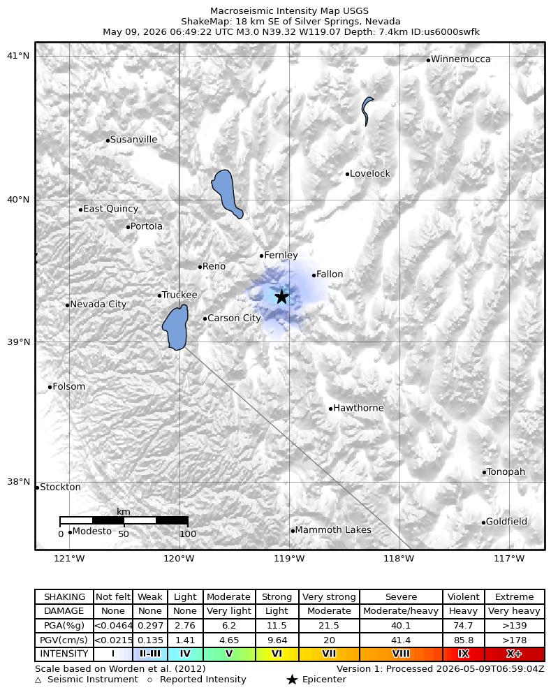 USGS ShakeMap intensity contours for the M3.1 earthquake near 18 km SE of Silver Springs, Nevada