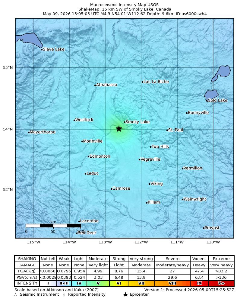 USGS ShakeMap intensity contours for the M4.3 earthquake near 15 km SW of Smoky Lake, Canada