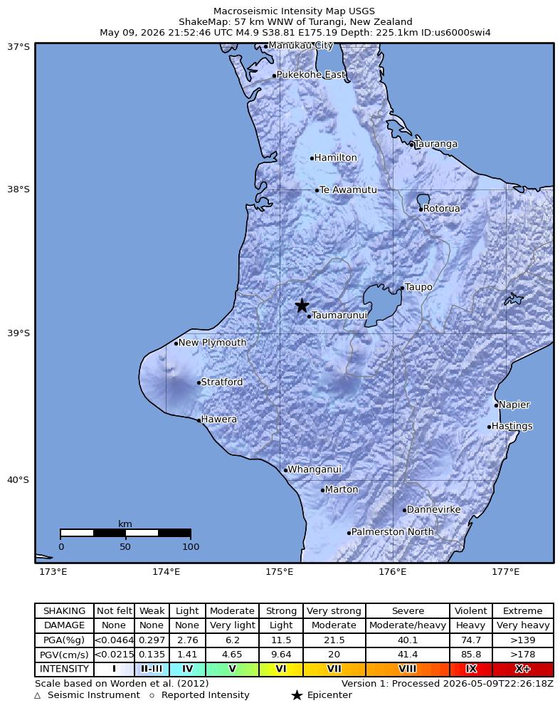 USGS ShakeMap intensity contours for the M4.9 earthquake near 57 km WNW of Turangi, New Zealand