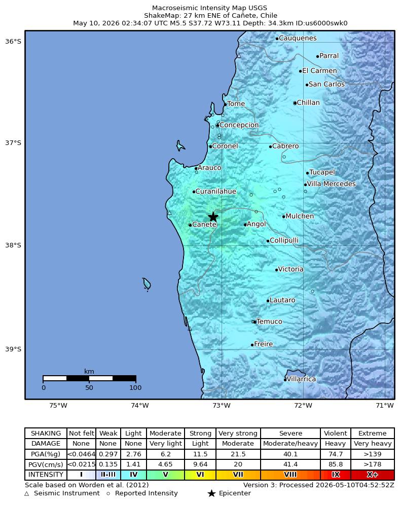 USGS ShakeMap intensity contours for the M5.5 earthquake near 27 km ENE of Cañete, Chile