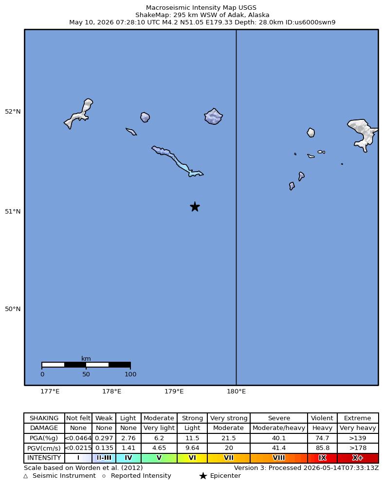 USGS ShakeMap intensity contours for the M4.2 earthquake near 295 km WSW of Adak, Alaska