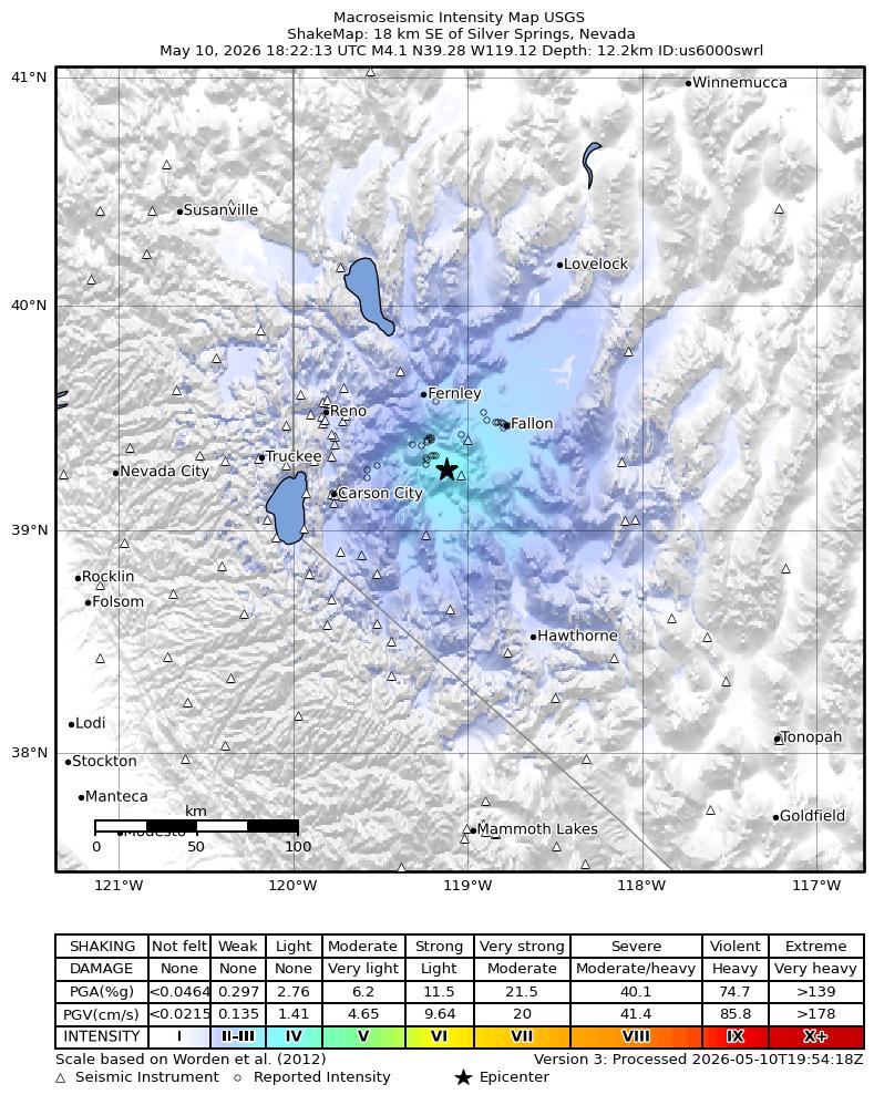 USGS ShakeMap intensity contours for the M4.0 earthquake near 18 km SE of Silver Springs, Nevada