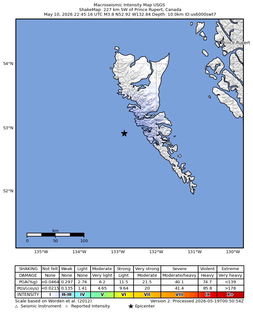 USGS ShakeMap intensity contours for the M3.8 earthquake near 227 km SW of Prince Rupert, Canada