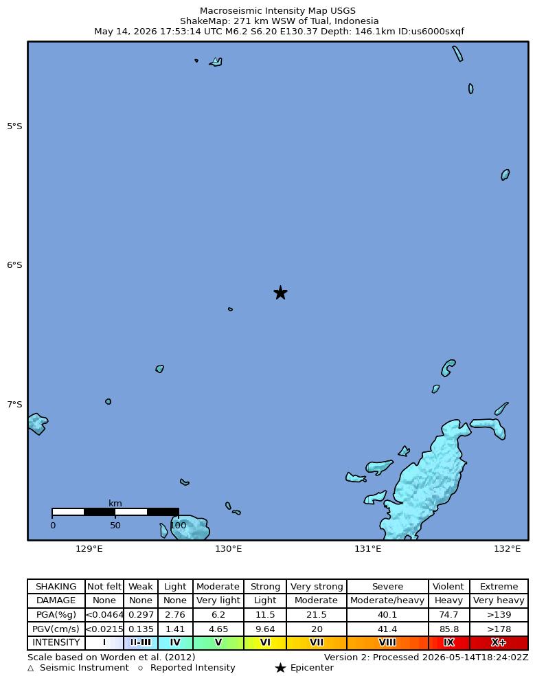USGS ShakeMap intensity contours for the M6.2 earthquake near 271 km WSW of Tual, Indonesia