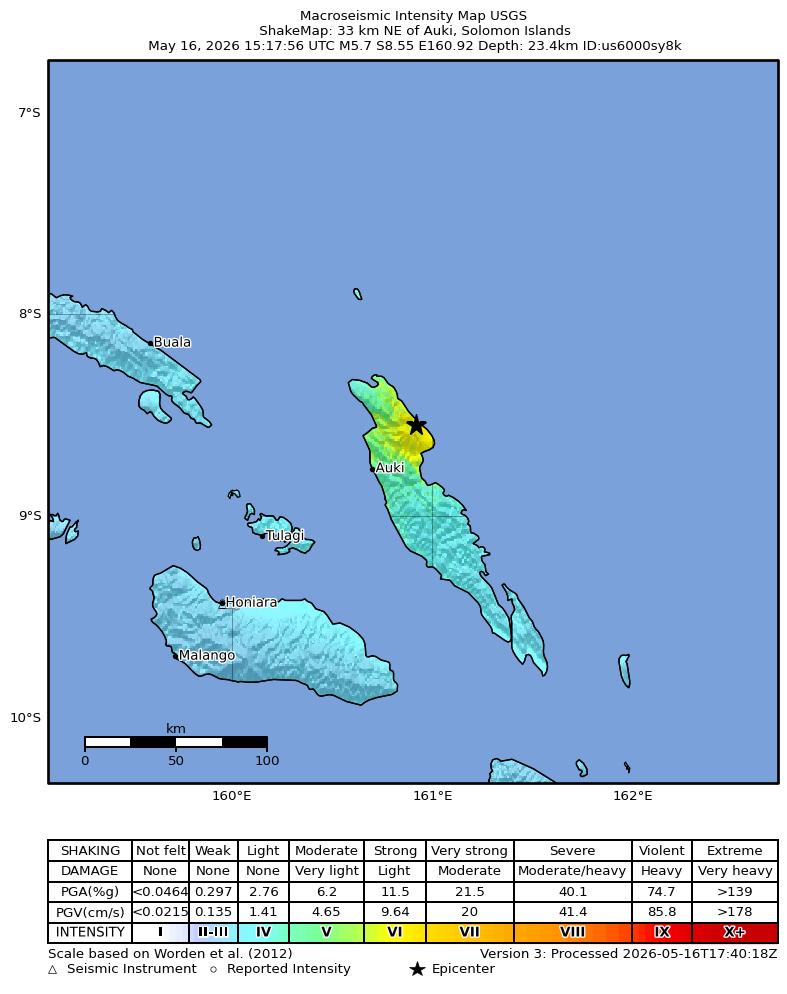 USGS ShakeMap intensity contours for the M5.7 earthquake near 33 km NE of Auki, Solomon Islands