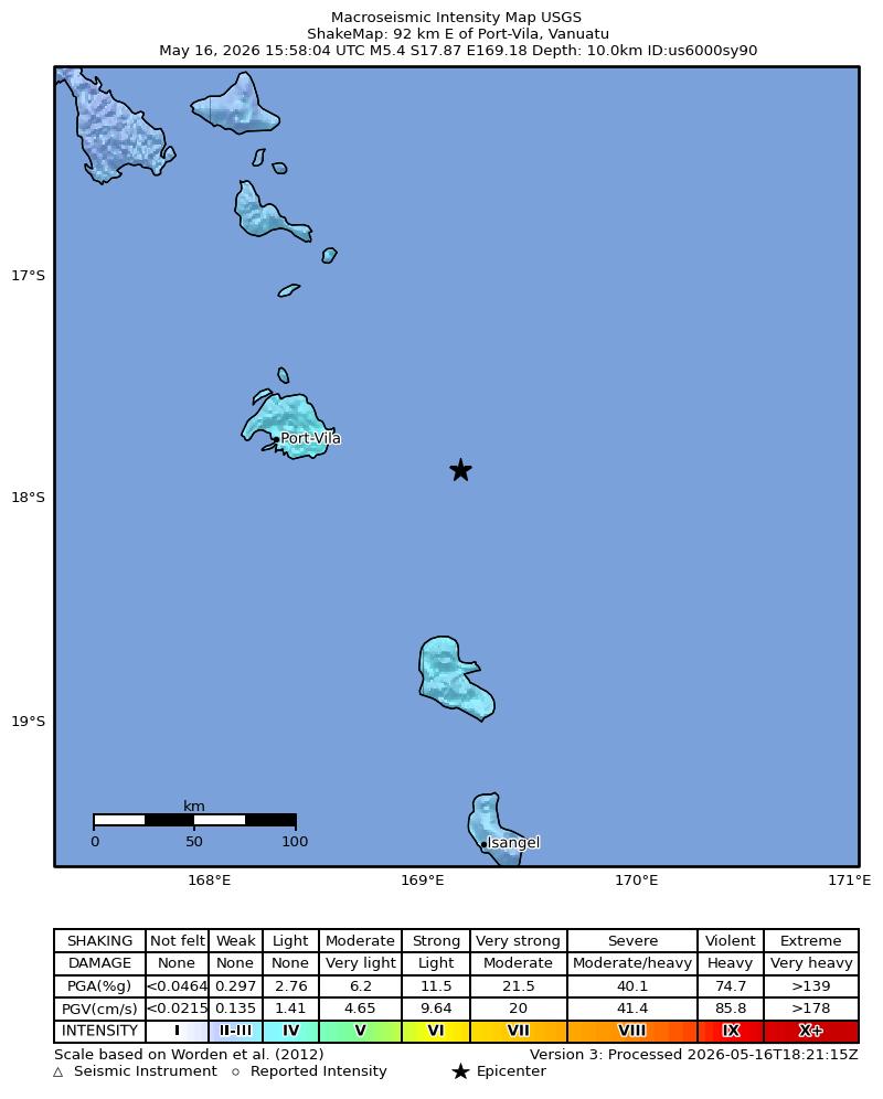 USGS ShakeMap intensity contours for the M5.4 earthquake near 92 km E of Port-Vila, Vanuatu