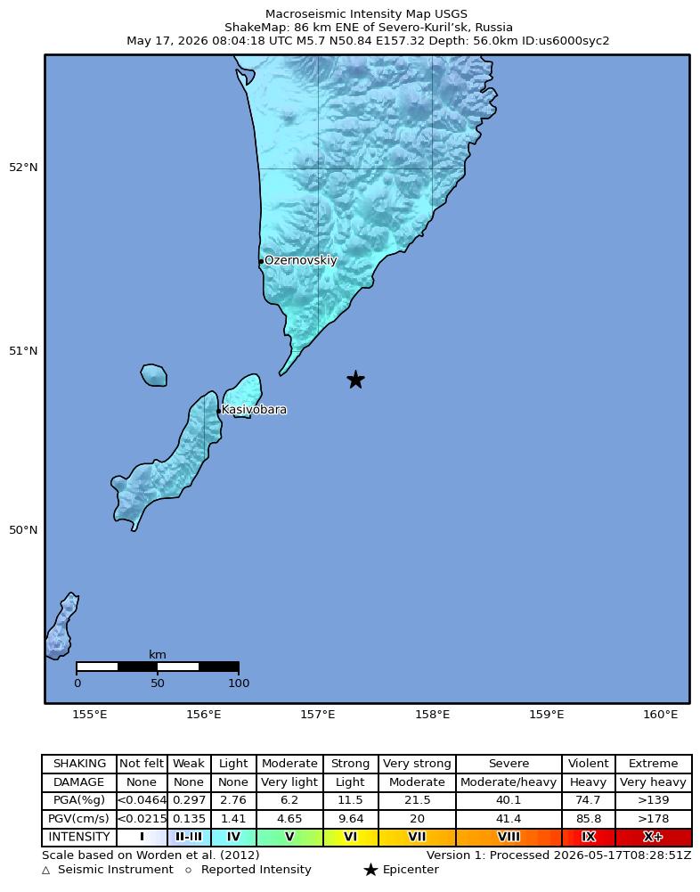 USGS ShakeMap intensity contours for the M5.7 earthquake near 86 km ENE of Severo-Kuril’sk, Russia