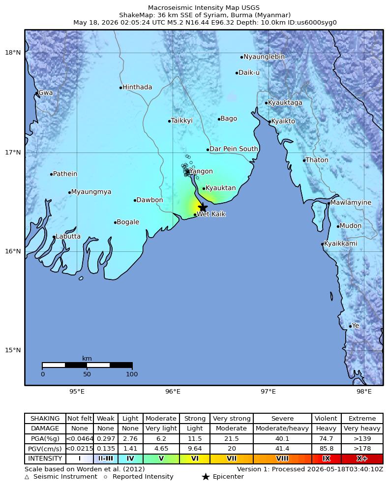 USGS ShakeMap intensity contours for the M5.2 earthquake near 36 km SSE of Syriam, Burma (Myanmar)