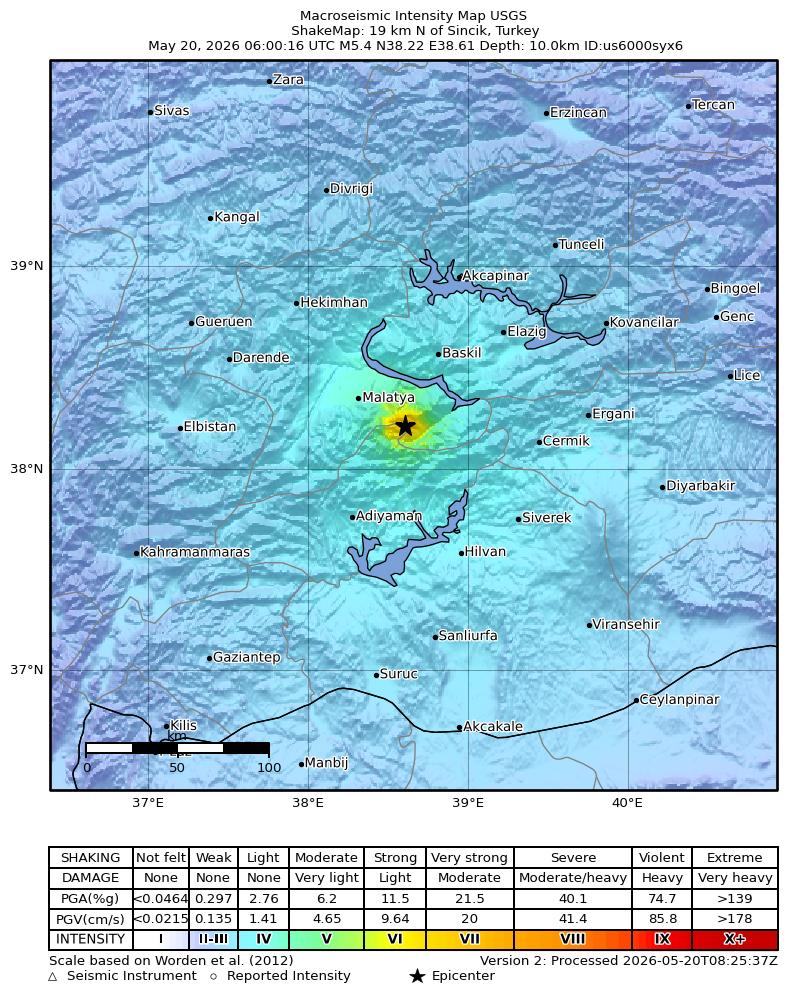 USGS ShakeMap intensity contours for the M5.4 earthquake near 19 km N of Sincik, Turkey