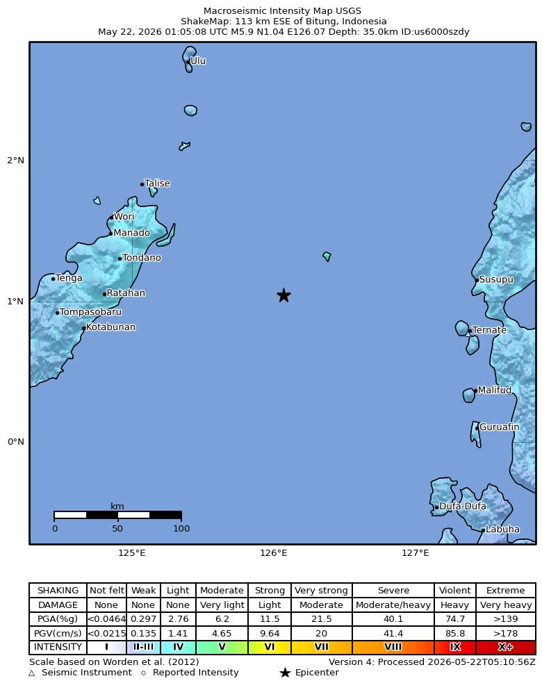 USGS ShakeMap intensity contours for the M5.9 earthquake near 113 km ESE of Bitung, Indonesia